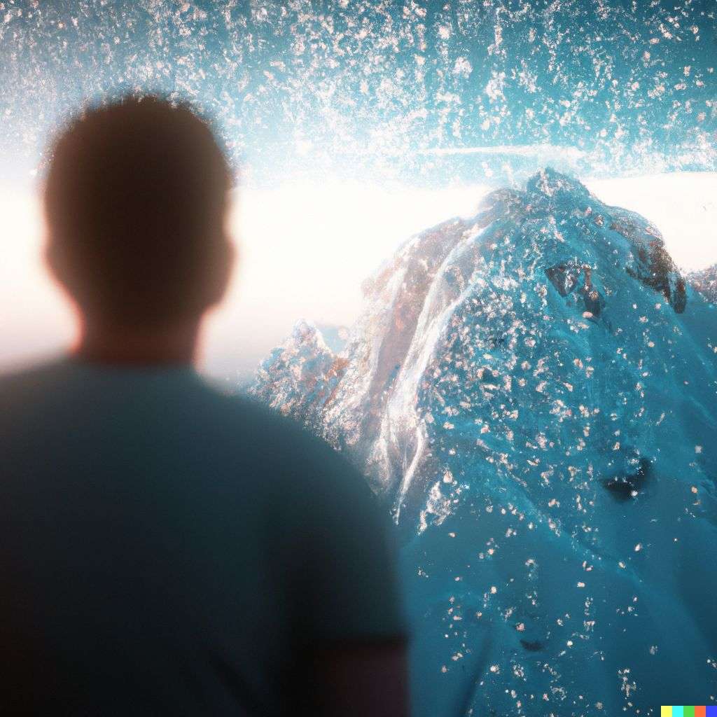 someone gazing at Mount Everest, particle simulation, Octane render
